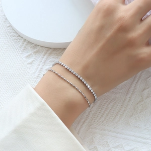 Double Layer Bracelet Titanium Steel Zircon Tennis Chain And Bead Chain Elegant Minimalist Jewelry For Women Silver Tone