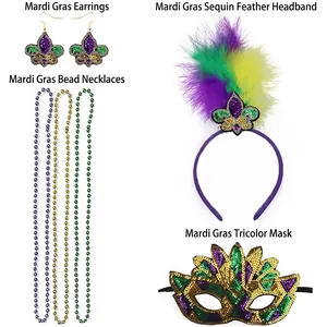Mardi Gras accessories set featuring sequin feather headband, mask, beads, and fleur-de-lis earrings