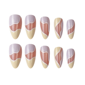 Modern wavy pattern press-on nails in purple and yellow almond-shaped fake nail set