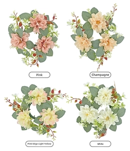 Macro detail of artificial dahlia wreaths in pink, champagne, yellow and white colors