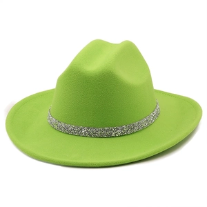 Close-up of bright green felt fedora with a sparkling silver rhinestone chain band