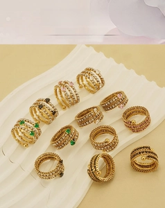 Detailed set of 18k gold plated multi-layer stainless steel rings with colorful zircons