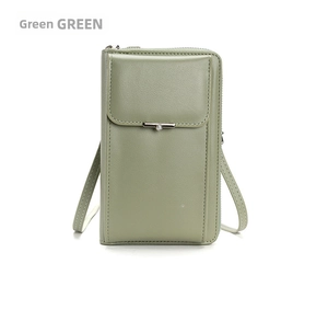 Detail view of green pebbled PU leather crossbody phone bag with metal clasp and zipper