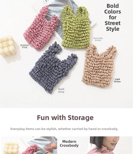 Close-up of textured bubble stretch bags in pink, green, grey, and brown colors