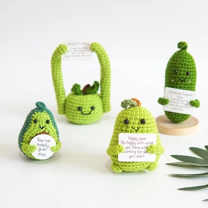 Handmade crochet fruit and vegetable dolls with positive cards for desktop decor