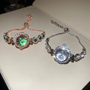Vintage crystal floral round watch bracelet with adjustable pull-chain slider for women