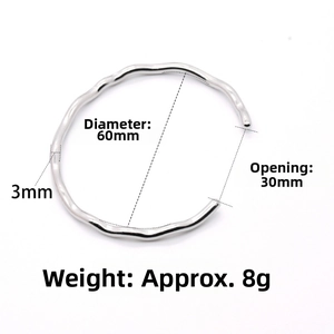 Silver wavy open bangle dimensions showing 60mm diameter and 30mm opening width