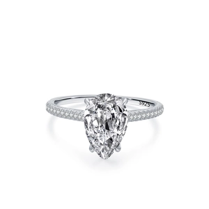 Luxurious S925 sterling silver ring with 3 carat pear shaped faux diamond center stone