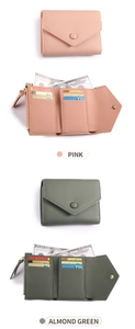 Slim tri-fold leather wallet with coin zipper and card slots in pink and almond green