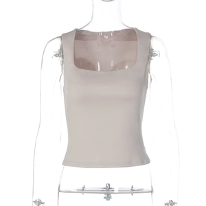 Detail of square neckline and ribbed knit texture on a beige slim-fit tank top