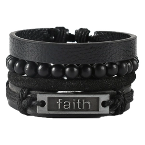 Multilayer black woven leather bracelet for men featuring a metal faith charm