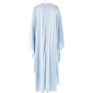 Rear view detail of a light blue satin kaftan dress showing smooth fabric and back slit