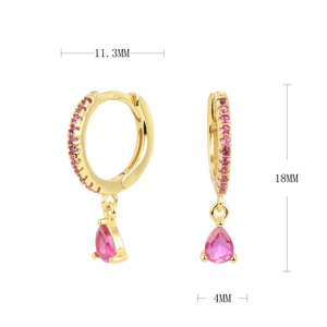 Detailed size specifications for gold fan-shaped earrings with pink water drop pendants
