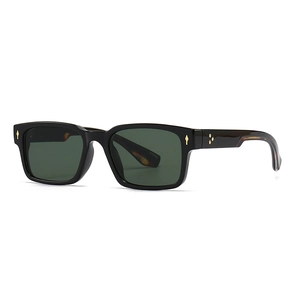 Retro square black sunglasses with gold metal accents and dark green lenses for a vintage look