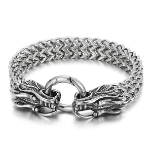 Close-up of vintage stainless steel Franco link chain with detailed wolf head clasps