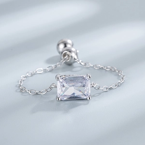 Adjustable S925 silver chain ring featuring a large rectangular clear cubic zirconia stone