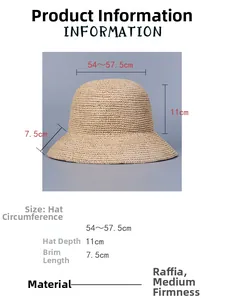 Guide des tailles pour chapeau en raphia indiquant profondeur, bord et tour de tête