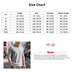 Detailed size chart for men's half-zip sweatshirt with measurements from S to 3XL