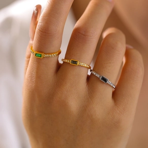 Square gemstone rings in gold and silver plating with zircon accents on a slim band