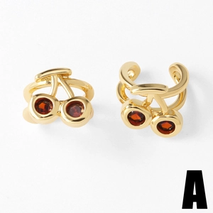 Golden cherry ear cuffs with red gemstone inlay for non-pierced ears in minimalist style