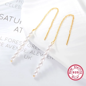 925 Sterling Silver Artificial Pearl Ear Thread Long Tassel Dangle Earrings Women Minimalist Elegant Gold Plated Fashion Jewelry