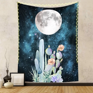 Tapisserie phase de lune avec cactus aquarelle et ciel étoilé avec guirlandes lumineuses