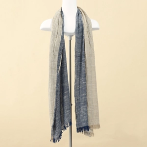 Men's casual beige and blue color-block scarf with fringe and crinkle texture