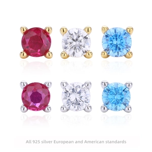 Minimalist Round Zircon Stud Earrings Geometric Four Prong 925 Sterling Silver Earring Post Trendy Jewelry For Women