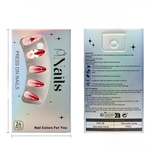 Detailed packaging showing 24pcs pink gradient press-on nails with 3D hearts and bows
