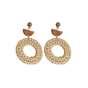 Bohemian rattan woven hoop earrings with vintage wood accents on white background