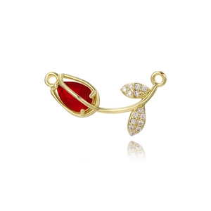 Golden tulip flower connector with red drop stone and crystal leaves for DIY jewelry
