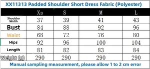 Size guide table for sleeveless shoulder pad mini dress with collar and waist details