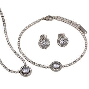 Silver stainless steel jewelry set with sparkling rhinestones including necklace and earrings
