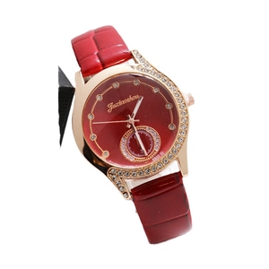 Women's quartz watch with red faux crocodile leather strap and rose gold rhinestone bezel