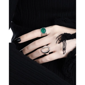 Luxurious wide S925 sterling silver ring set with large green agate stone for women