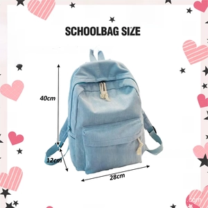 Detailed dimension chart for blue corduroy backpack showing 40x28x12cm school bag size