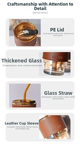 Detail view of glass bamboo cup with PE lid, straw and brown leather sleeve details
