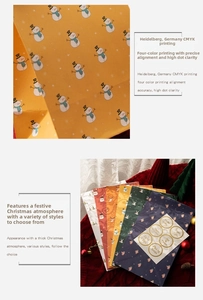 Detail of Christmas gift bags with snowman and Santa illustrations and sealing stickers