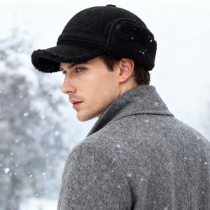 Men's winter aviator hat with fleece lining and ear flaps against snowy background