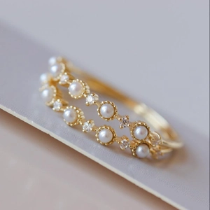 Copper Ring With Freshwater Pearl And Zircon Gold Plated Thin Stackable Elegant Japanese Style Jewelry For Women