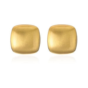 Detailed view of square gold-plated earrings with a brushed metal texture and clean finish