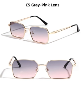 Detail view of square gold metal sunglasses with C5 grey pink gradient lenses