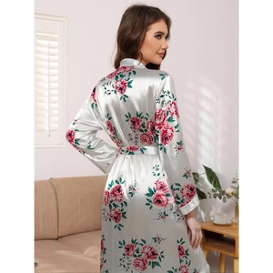 Women Floral Print Satin Robe Long Sleeve V-Neck Sleepwear Belted Polyester Loungewear Elegant Faux Satin Nightgown Bathrobe