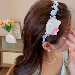 Cute blue fabric Hello Kitty cat headband for girls with a high-crown wavy design