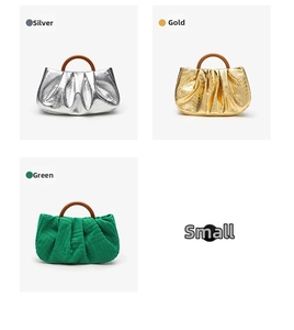 Three pleated cloud clutch bags with round resin handles in silver, gold and green