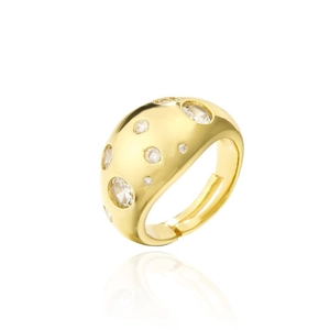 Close-up of 18K gold plated wide band ring featuring sparkling white zircon star accents