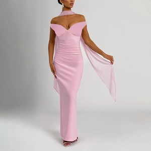 Elegant pink off-shoulder mermaid evening dress with a long shawl and slim fit design
