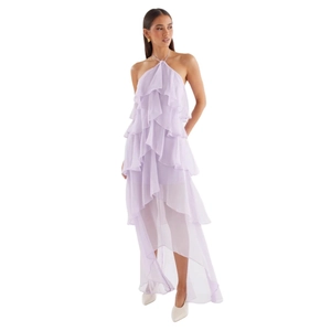 French lavender chiffon halter dress with tiered ruffles and asymmetric hem for summer