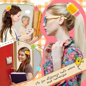 Detail of yellow pencil hair claw clip used on different hair colors and styles