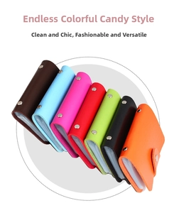 Macro view of colorful faux leather card holders with multiple slots and metal snap buttons